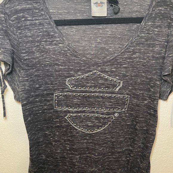 Harley Davidson Heather Grey Blouse with Tie Sleeves and Button Logo Details - Picture 3 of 10